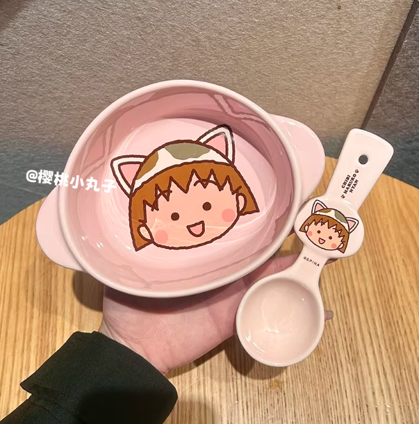 樱桃小丸子陶瓷双耳饭碗勺子可爱卡通家用宿舍早餐甜品碗餐具套装